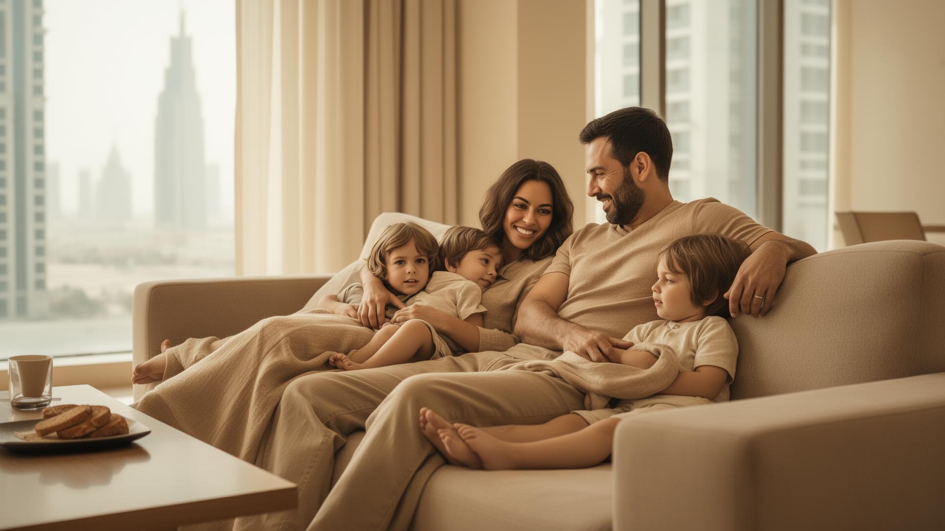An expat family relaxing together in a sunlit Dubai apartment